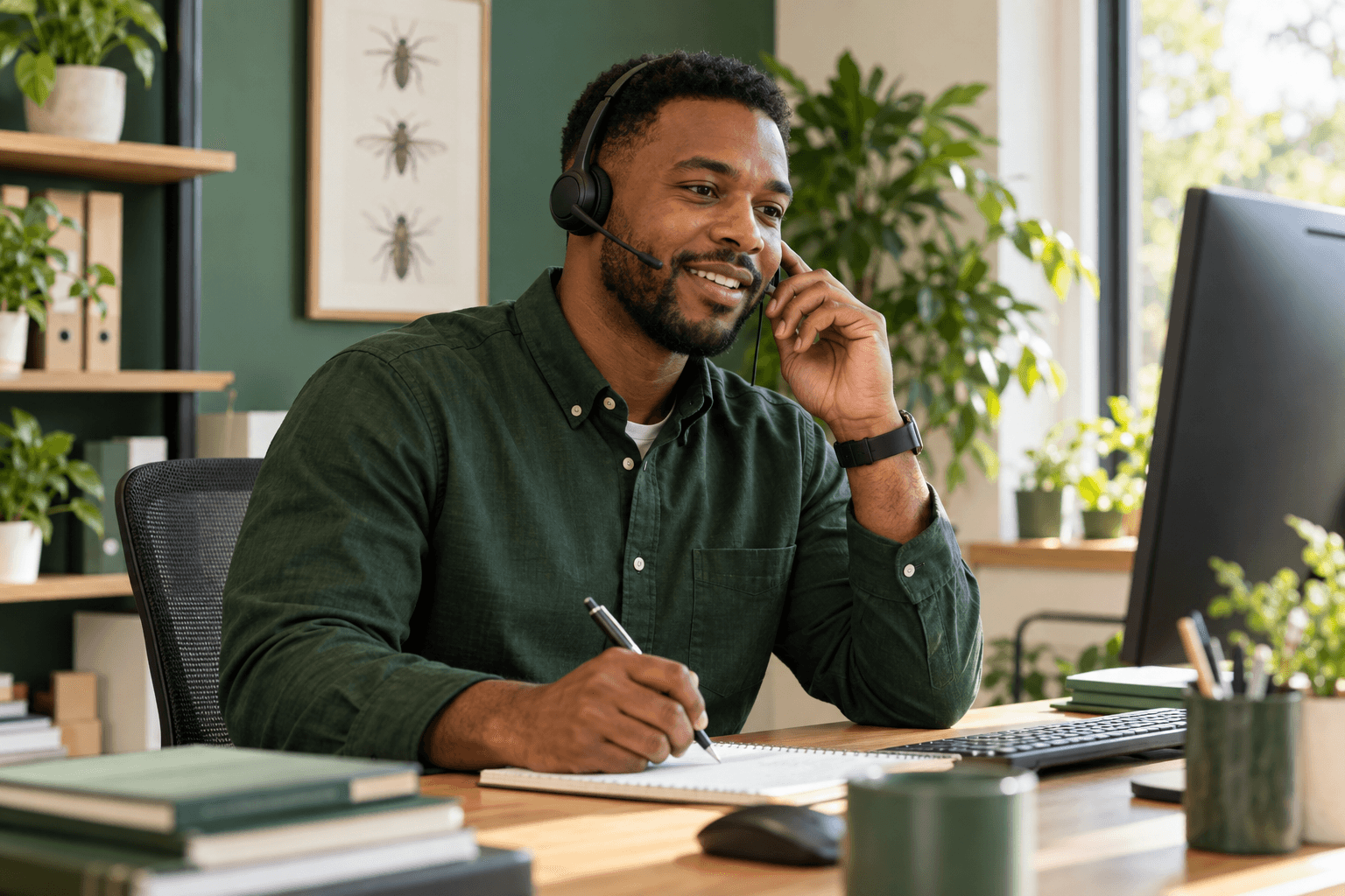 Illustrative scene: Customer service agent taking notes while answering a call