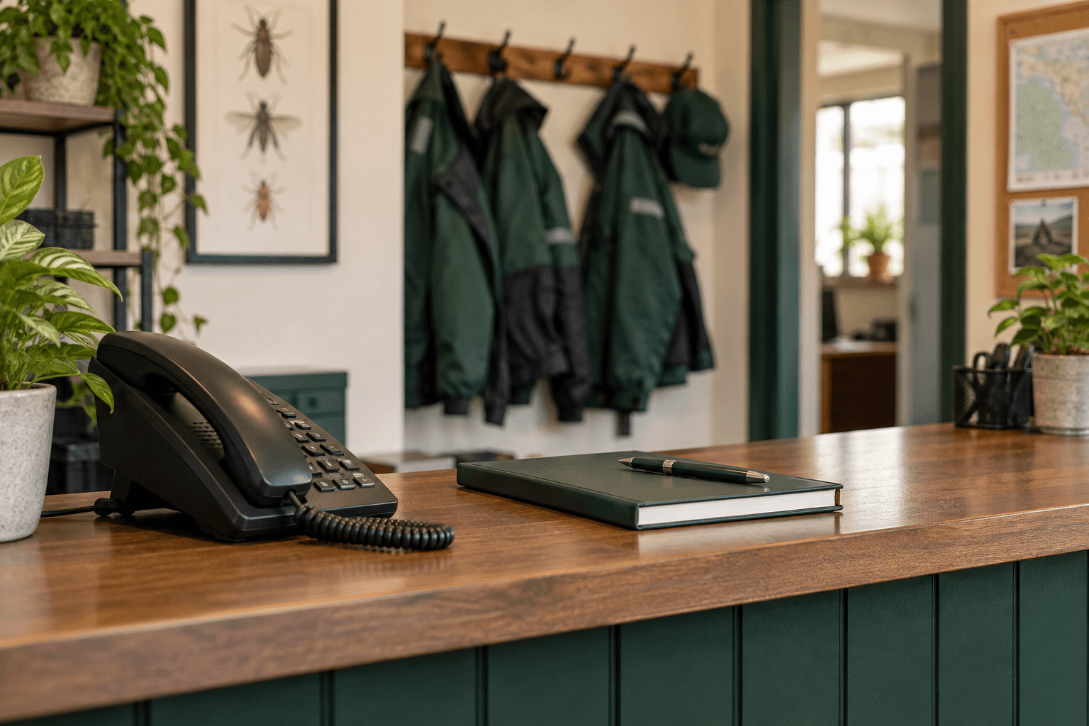 Illustrative scene: Unattended reception phone beside an appointment notebook