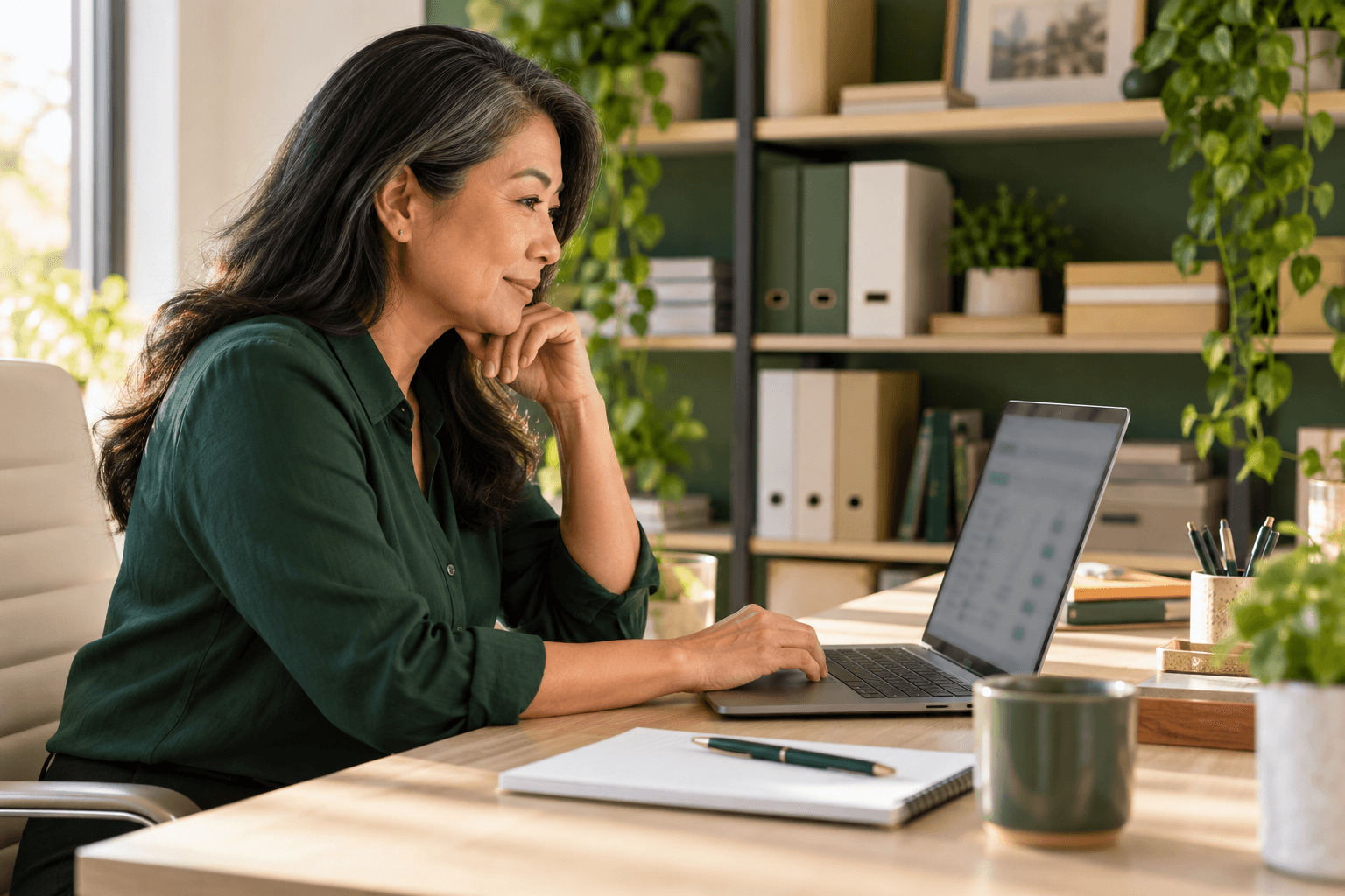 Illustrative scene: Business owner reviewing organized records at her laptop