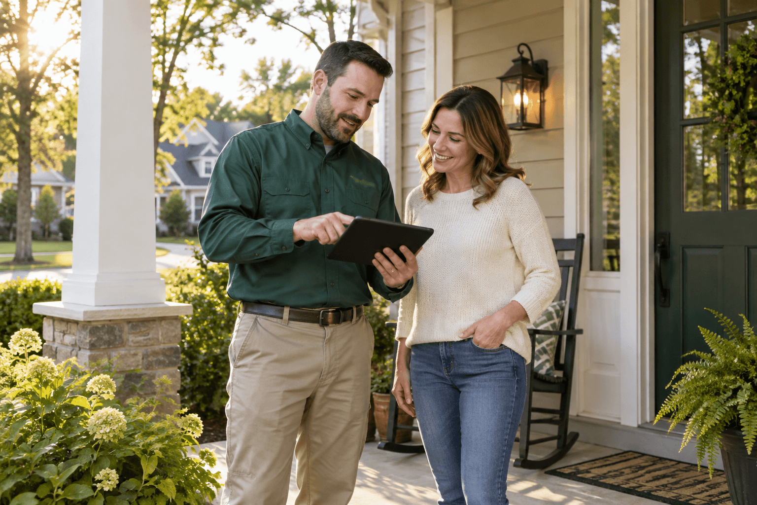 Illustrative scene: Technician discussing a quote with a homeowner