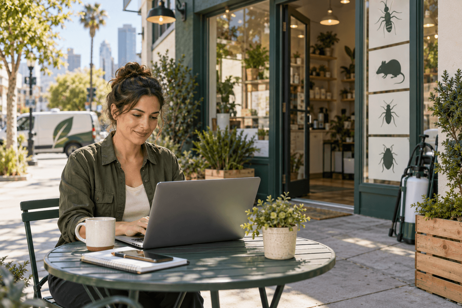 Illustrative scene: Business owner working outside her urban storefront