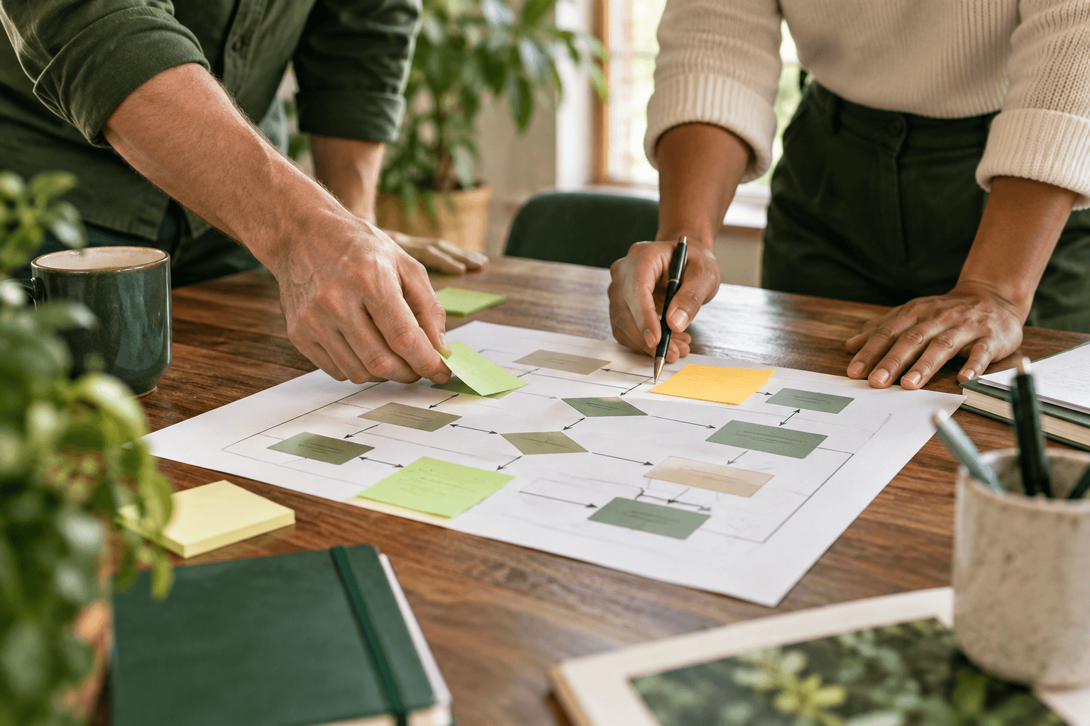 Illustrative scene: Colleagues reviewing a workflow with sticky notes