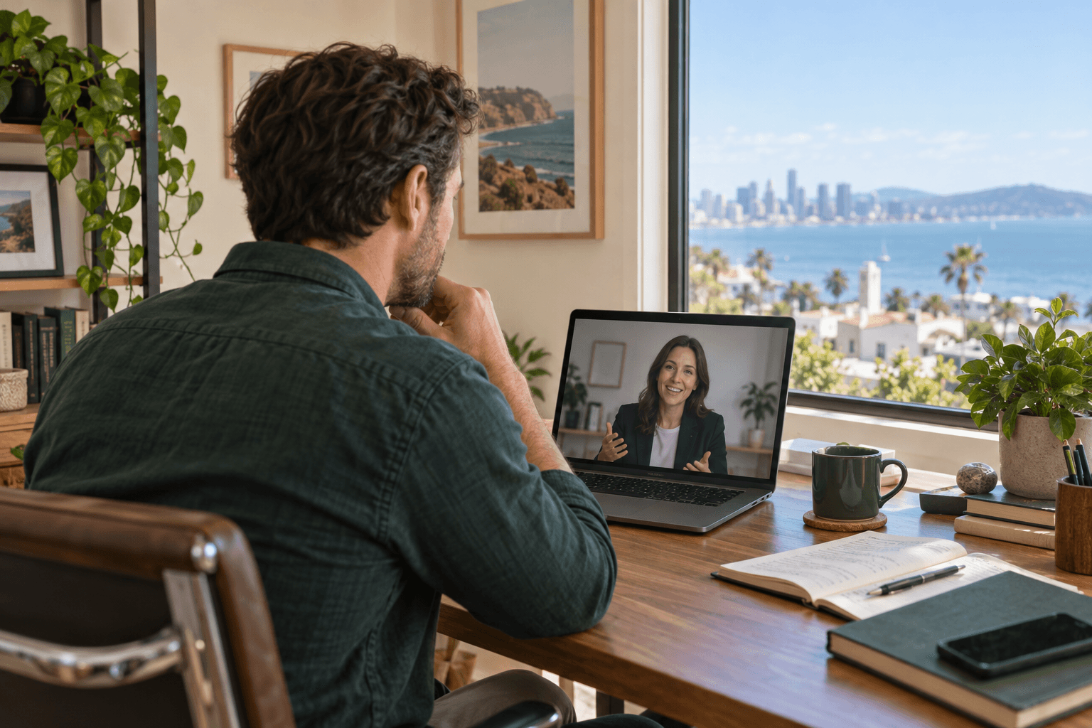 Illustrative scene: Business owner joining a remote video consultation